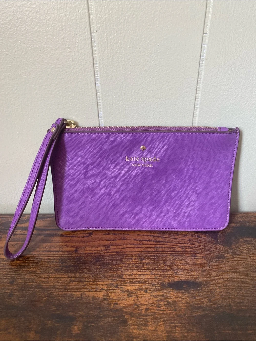 kate spade Purple Saffiano Zip Wristlet with Gold Logo